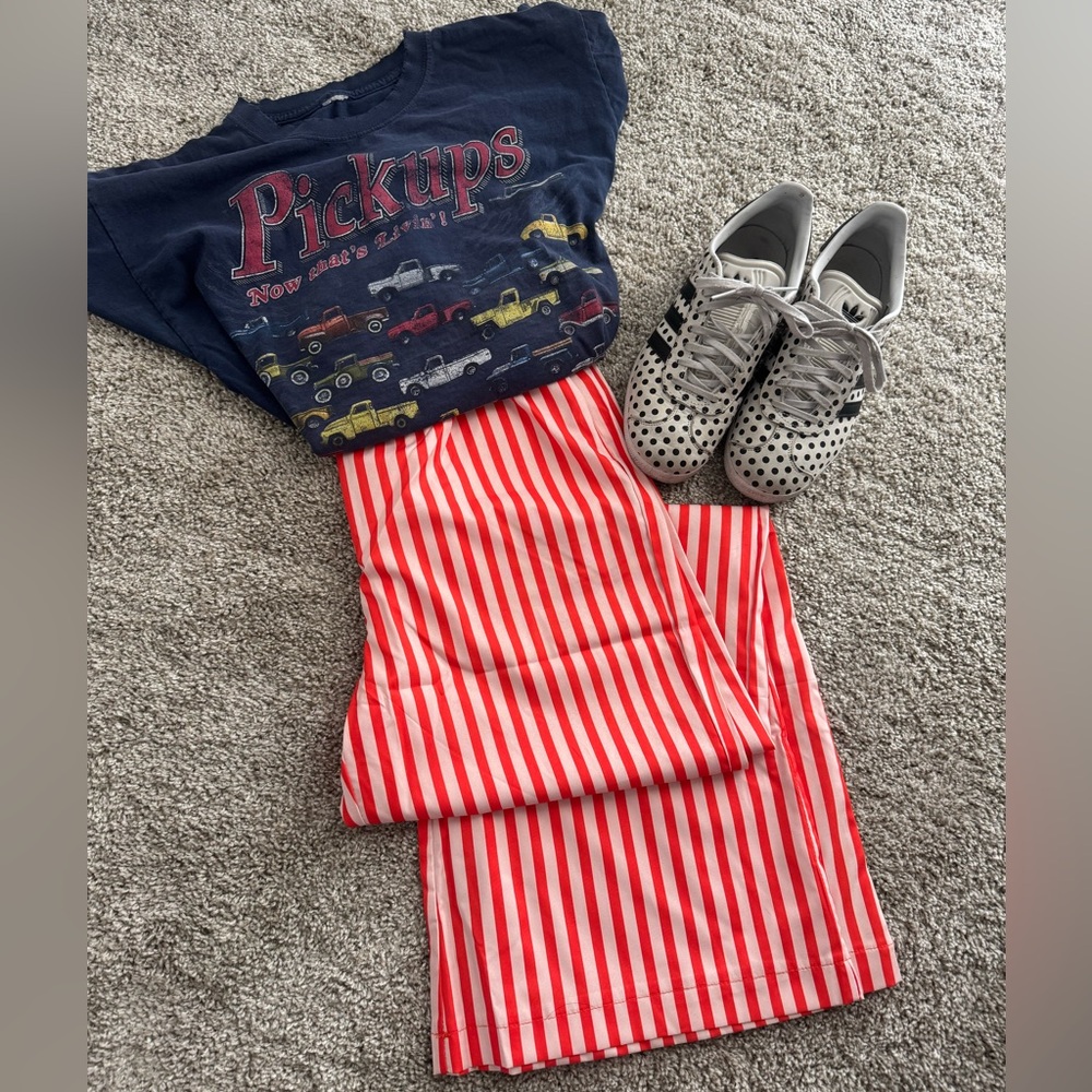 Red and white striped wide leg lounge pants.